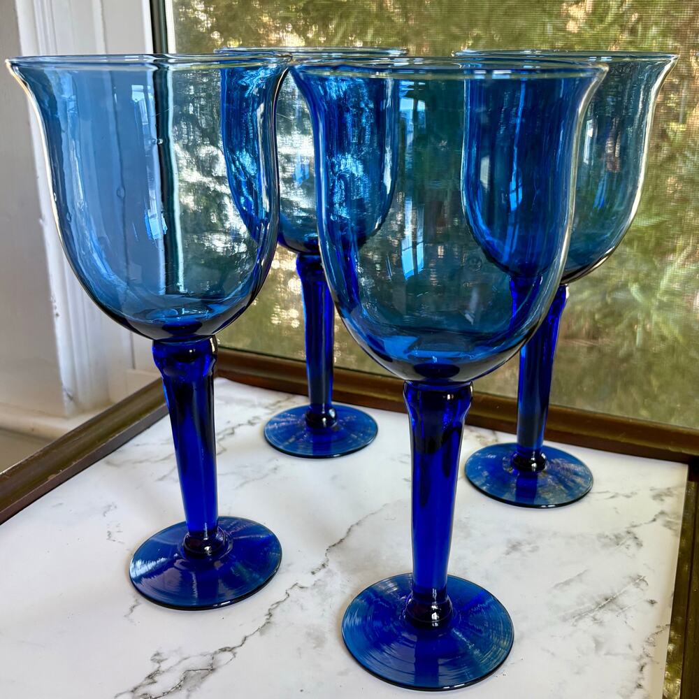 Vintage Mexican Blue Glass Goblets Set of 4 Tall Stemware